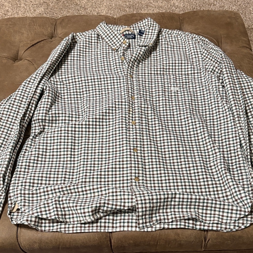 Chaps XL men’s button down shirt, green, cream and brown, L/S
